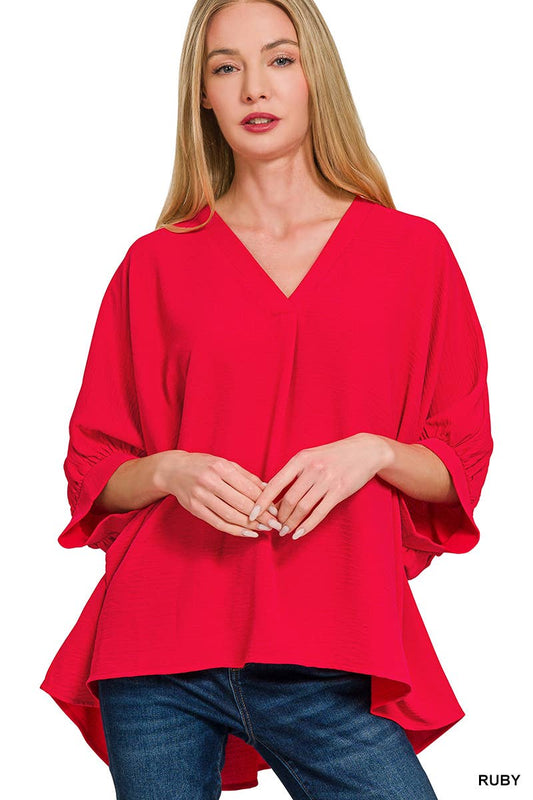 Woven Airflow V-neck Puff Half Sleeve Top