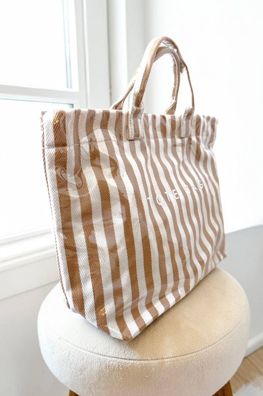 Tan and Beige Striped Tote Bag