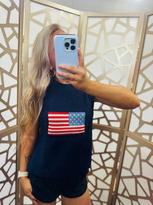 Flag Print Knitted Sleeveless Sweater