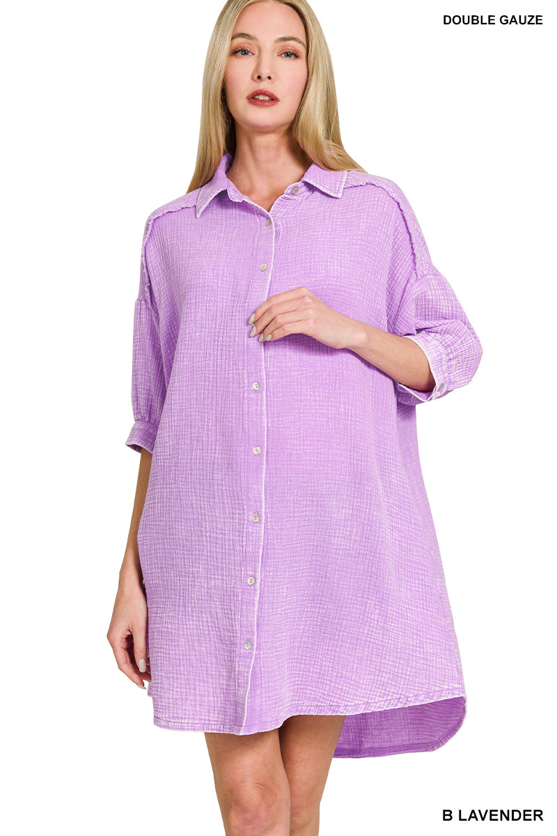 Washed Button Down Shirt Dress- Many Colors