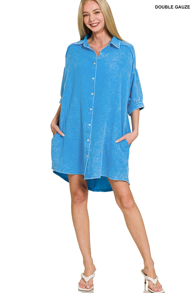 Washed Button Down Shirt Dress- Many Colors