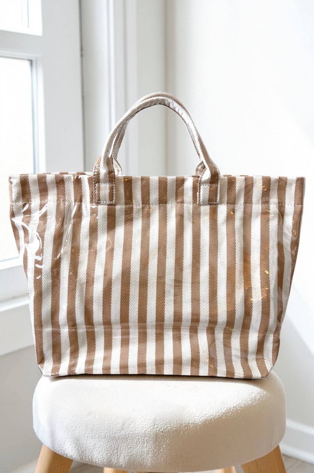 Tan and Beige Striped Tote Bag